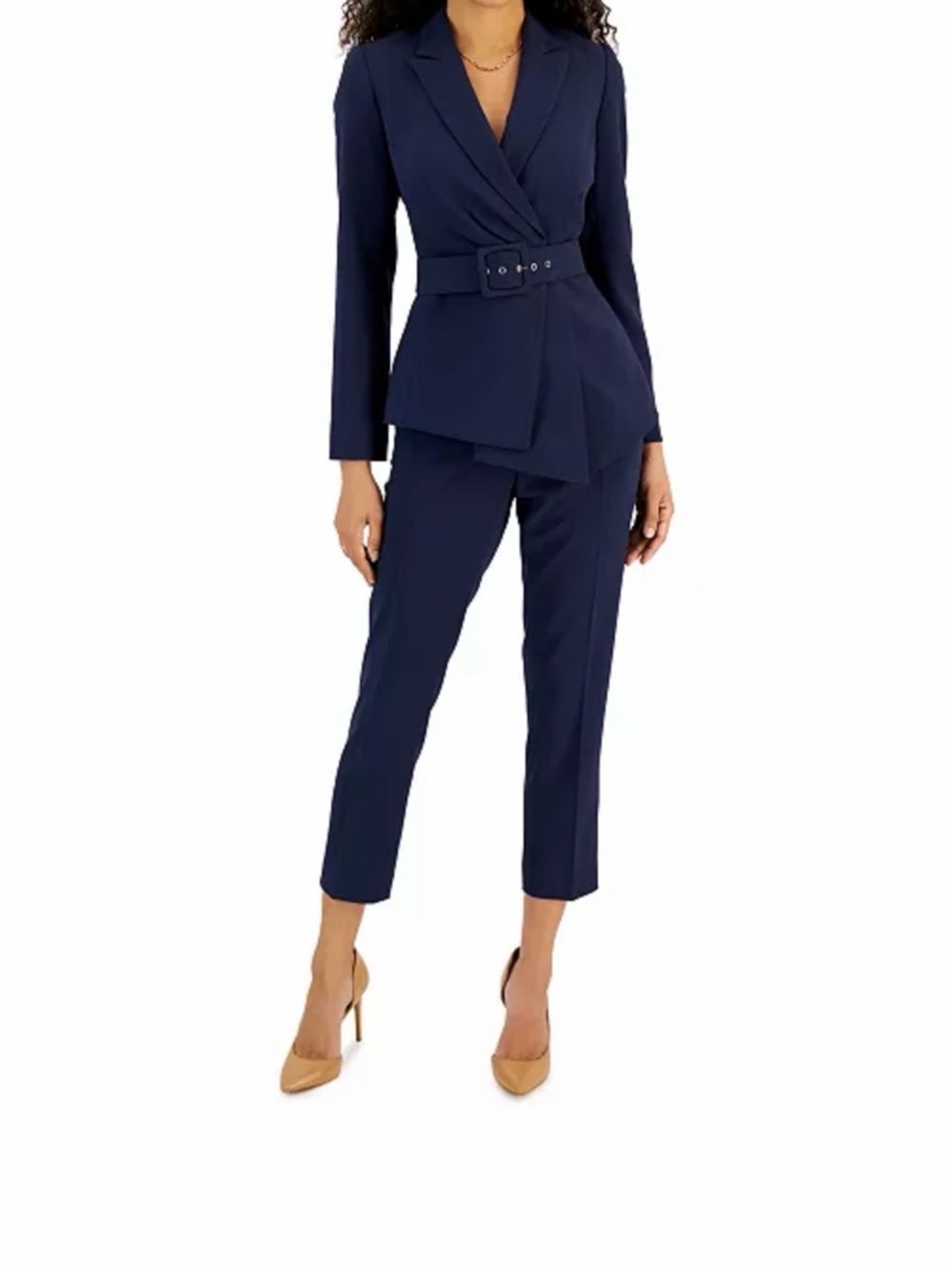 Tahari Navy Belted Wrap Blazer Pantsuit